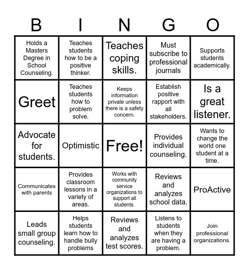 School Counselor Bingo Card