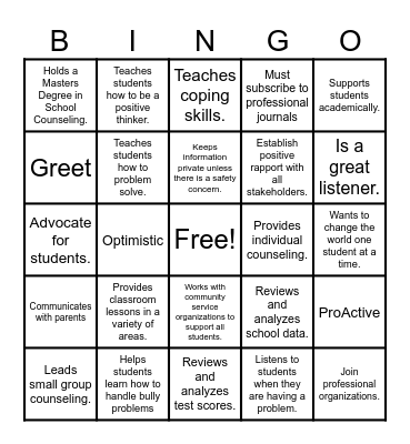 School Counselor Bingo Card