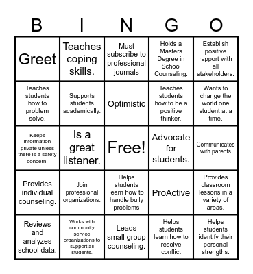 School Counselor Bingo Card
