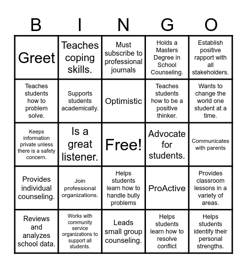 School Counselor Bingo Card