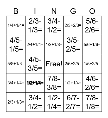 Fraction Bingo Card