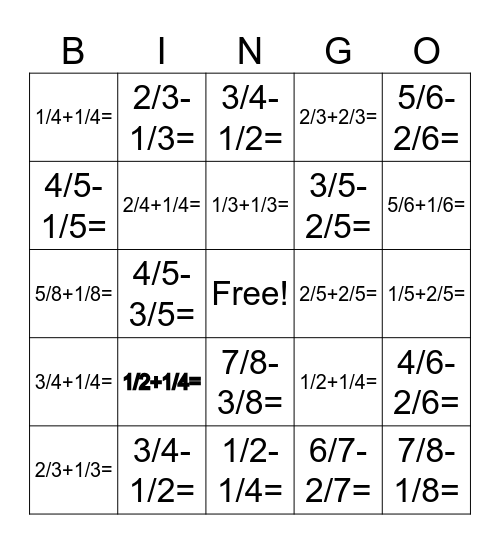 Fraction Bingo Card