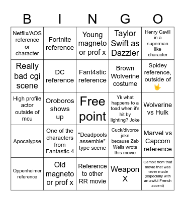 Deadpool and Wolverine Bingo Card