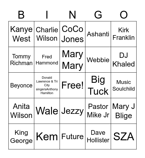 New School Gospel & RnB Mashup Bingo Card