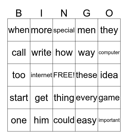 Unit Words Bingo Card