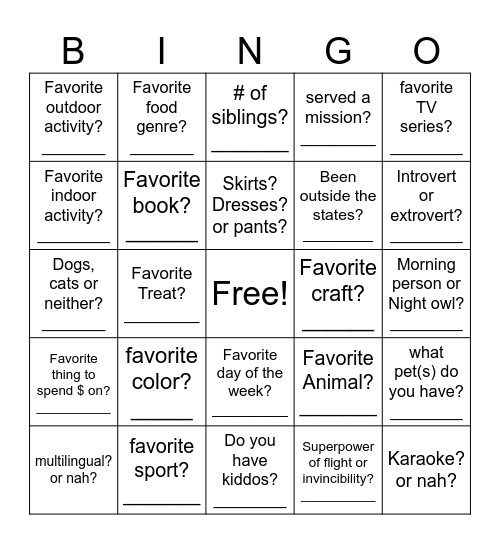 Name:___________________ Bingo Card