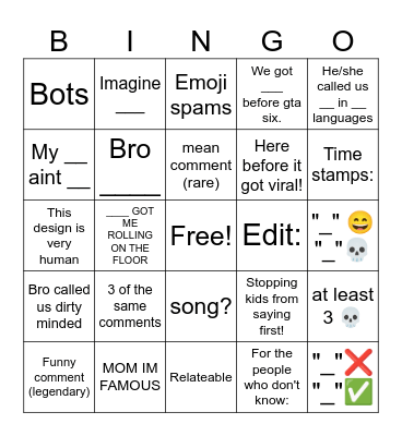 yt shorts bingo Card