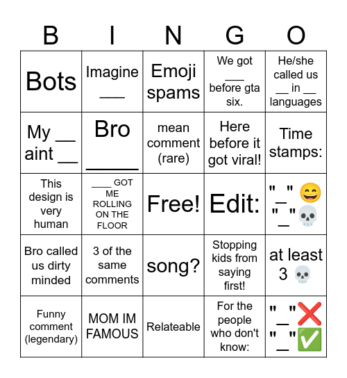 yt shorts bingo Card