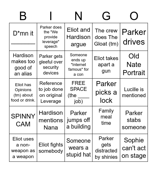 Leverage: Redemption Bingo Card