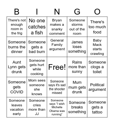 Family Vacation Bingo Card