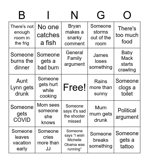 Family Vacation Bingo Card