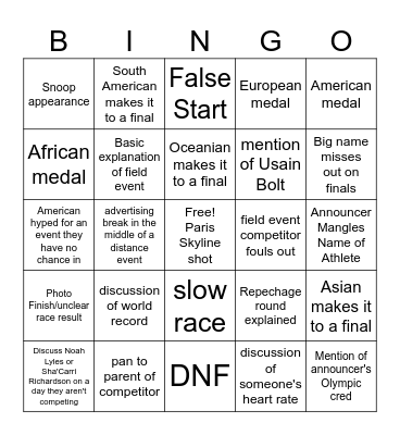 Olympics 2024 (Track and Field/Peacock Coverage) Bingo Card