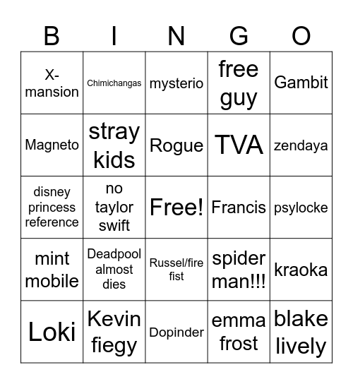 Deadpool&Wolverine Bingo Card