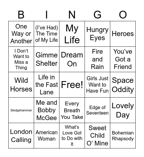 Classic Rock Music Bingo Card