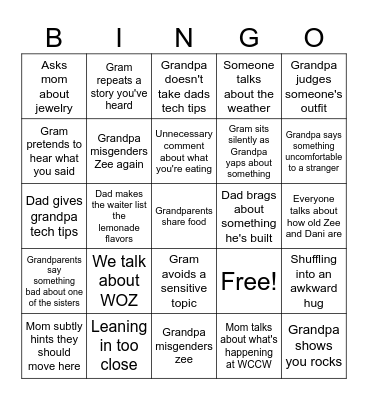 Lunch with grandparents Bingo Card
