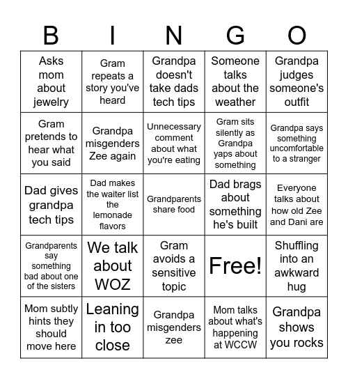 Lunch with grandparents Bingo Card