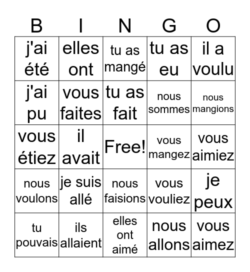 VERBES 1 Bingo Card