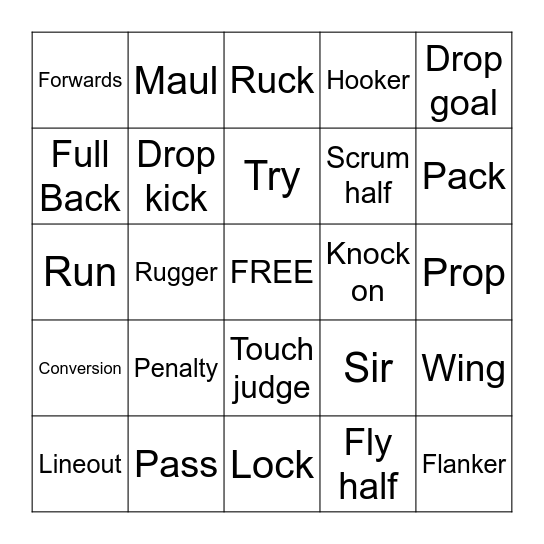 Rugby Bingo Card