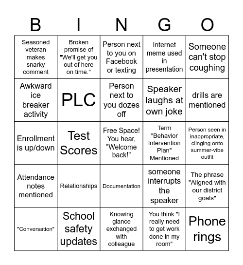 Opening Day Faculty Meeting BINGO Card