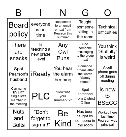 BSECC Welcome Meeting BINGO Card