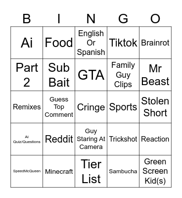 Youtube Shorts Bingo Card