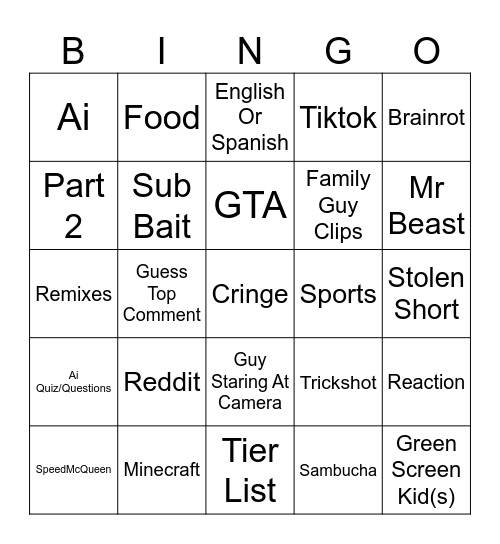 Youtube Shorts Bingo Card