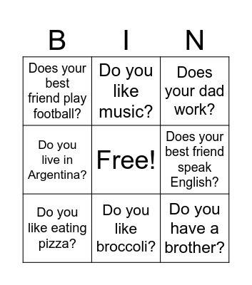 Bingo. Present simple questions Bingo Card