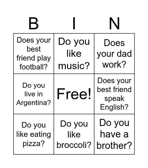 Bingo. Present simple questions Bingo Card