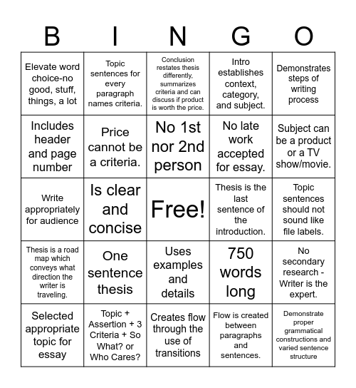 Evaluation Essay BINGO Card