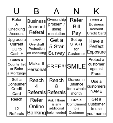 US BANK BINGO Card