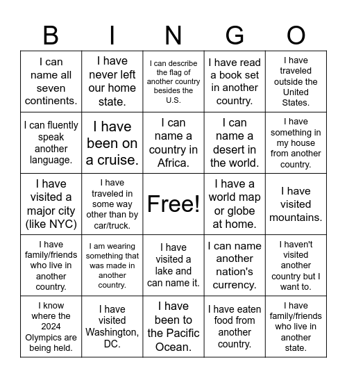 World Geography Bingo Card