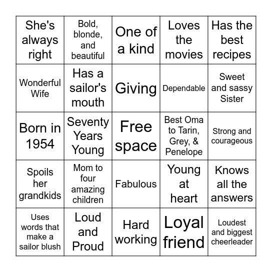 Sandy's 70th Birthday Bingo Card