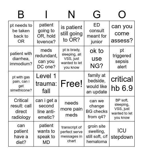 Nights Bingo Card