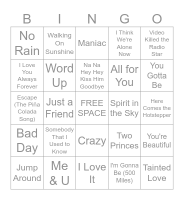 Music Bingo #43 "One Hit Wonders" Bingo Card