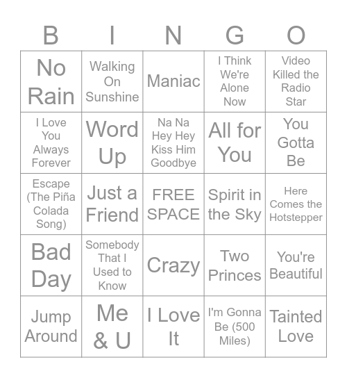 Music Bingo #43 "One Hit Wonders" Bingo Card