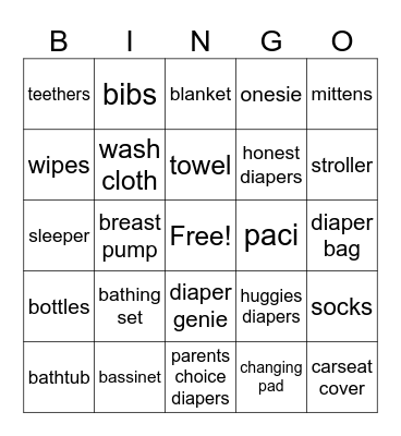 Mya's Baby Shower Bingo Card