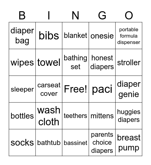 Mya's Baby Shower Bingo Card