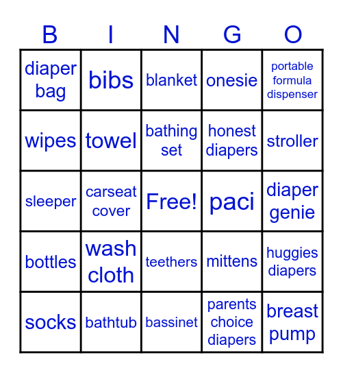 Mya's Baby Shower Bingo Card