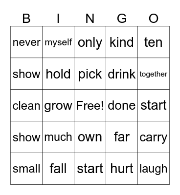 SIGHT WORD BINGO Card