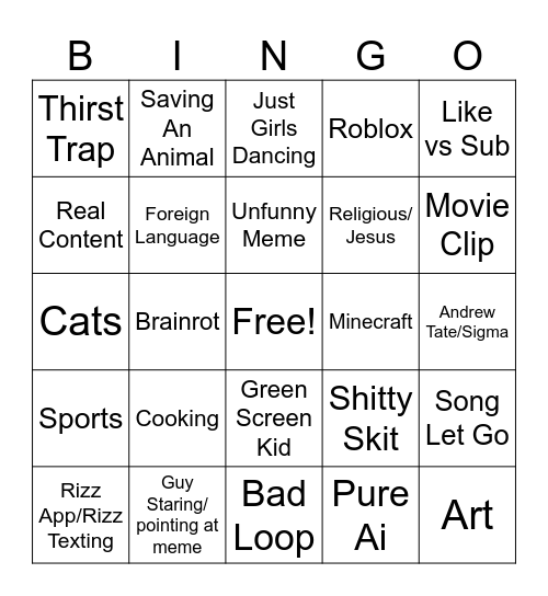 Youtube Shorts Bingo Card