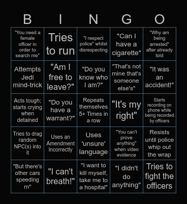 Police Cam-Footage Bingo Card