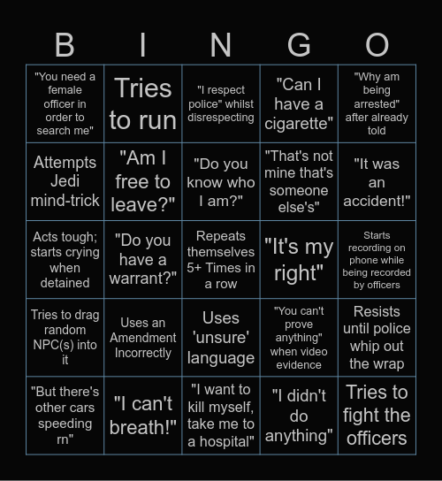 Police Cam-Footage Bingo Card