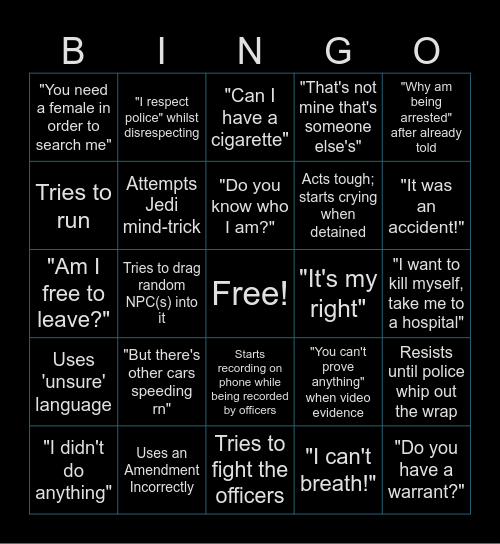 Police Cam-Footage Bingo Card