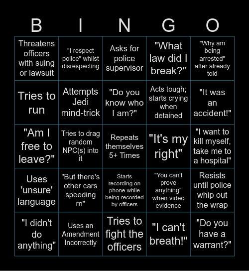 Police Cam-Footage Bingo Card