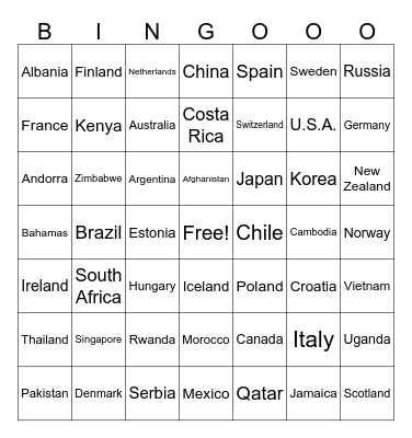 Country Bingo Card