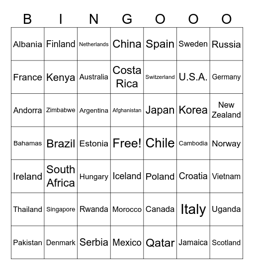 Country Bingo Card