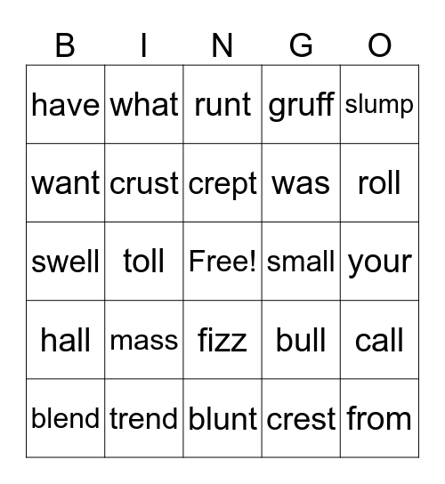 -all, -oll, -ull, Blends, HF Bingo Card