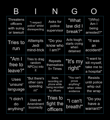 Police Cam-Footage Bingo Card