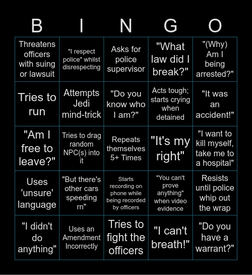 Police Cam-Footage Bingo Card