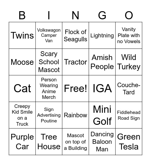 PEI Road Trip Bingo Card